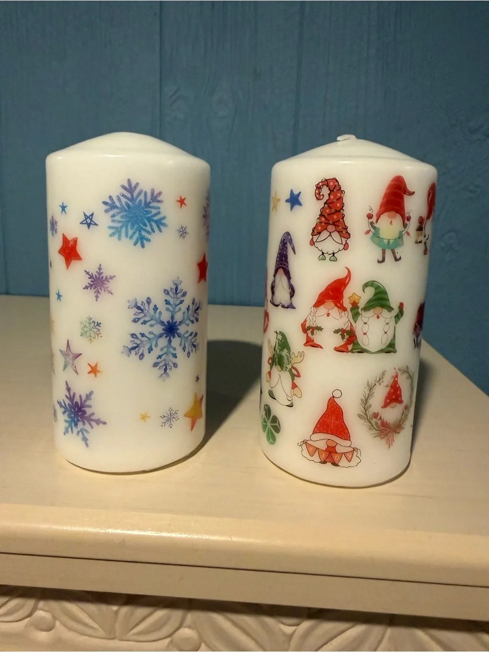 Festive Gnome & Snowflake Scented Pillar Candles - White